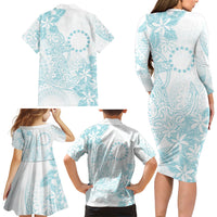 Turquoise Kuki Airani Tapakau Family Matching Long Sleeve Bodycon Dress and Hawaiian Shirt Tribal Anchor Mix Tiare LT7 - Polynesian Pride