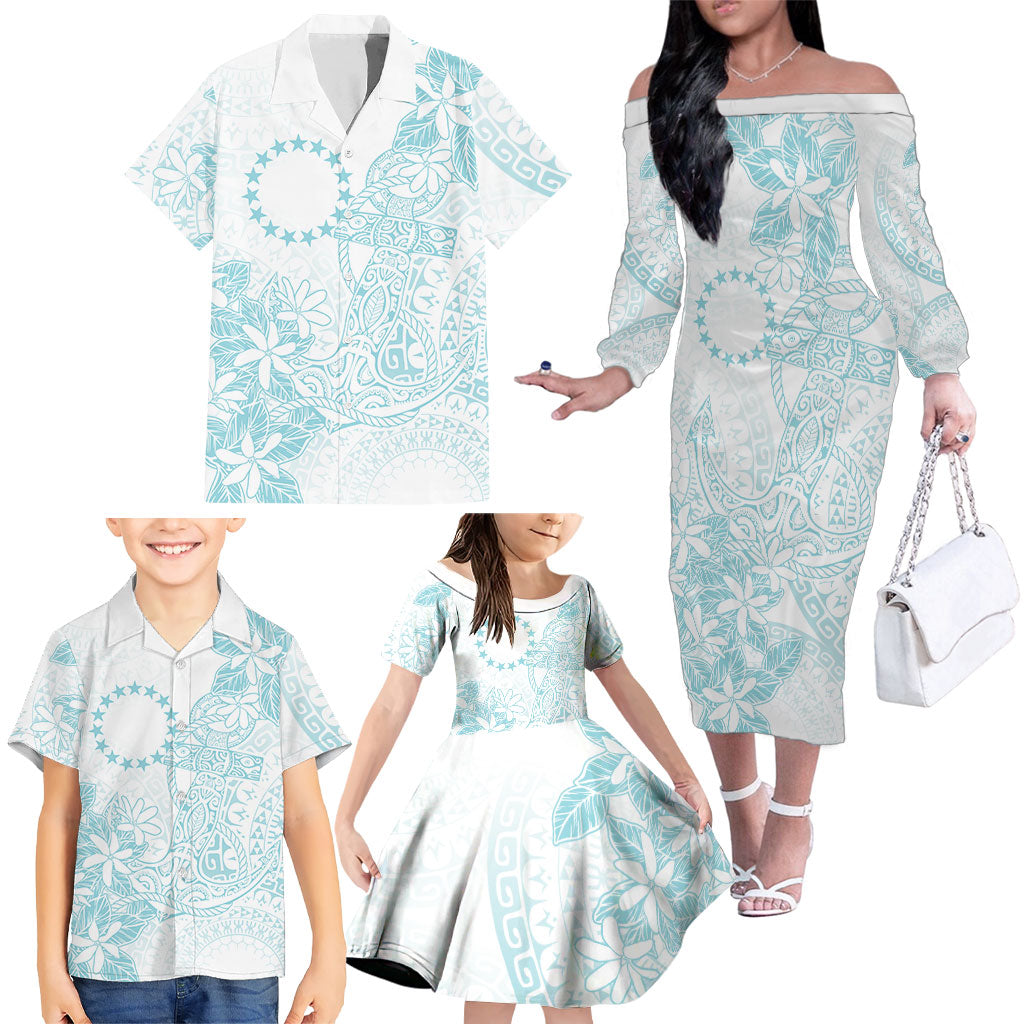 Turquoise Kuki Airani Tapakau Family Matching Off The Shoulder Long Sleeve Dress and Hawaiian Shirt Tribal Anchor Mix Tiare LT7 - Polynesian Pride