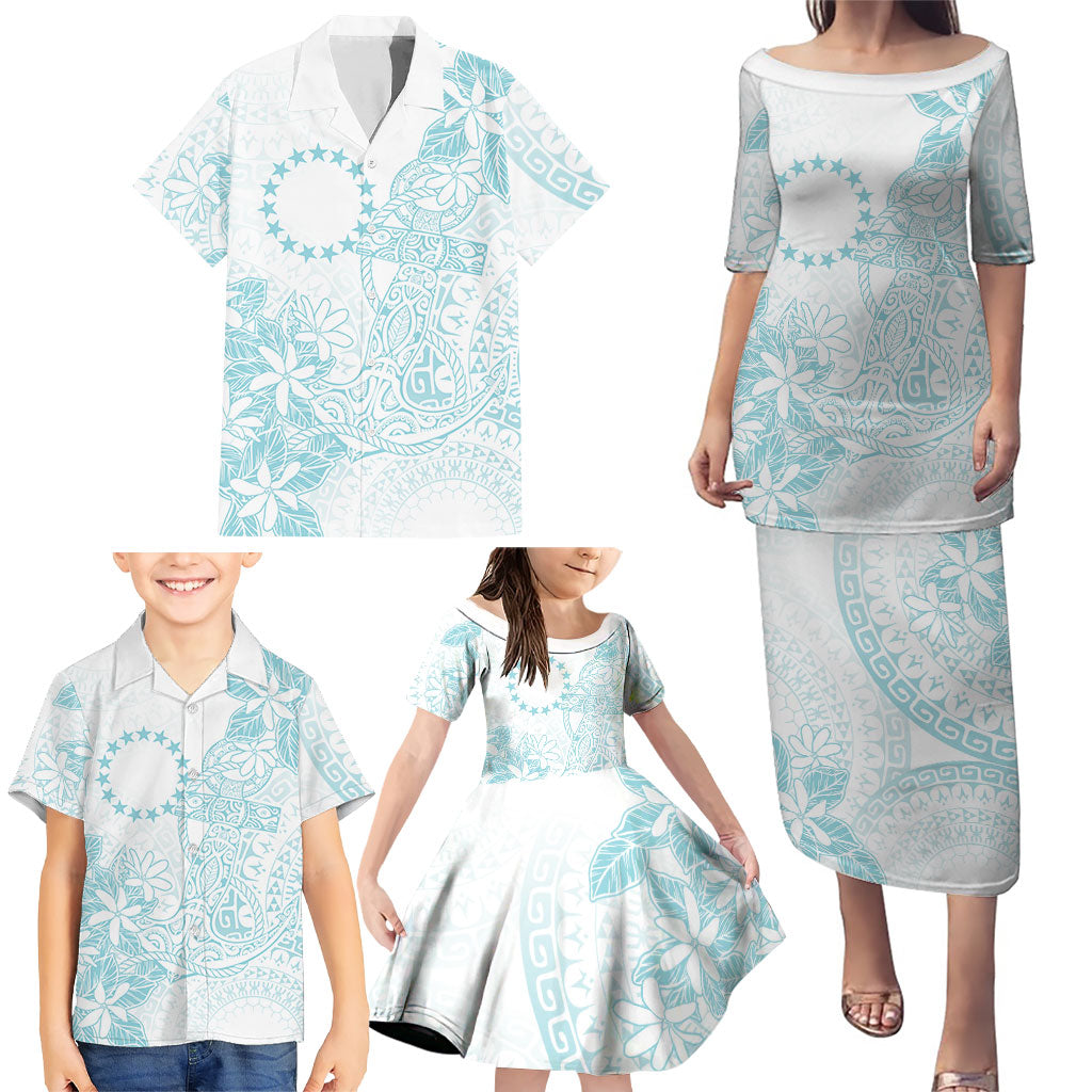 Turquoise Kuki Airani Tapakau Family Matching Puletasi and Hawaiian Shirt Tribal Anchor Mix Tiare