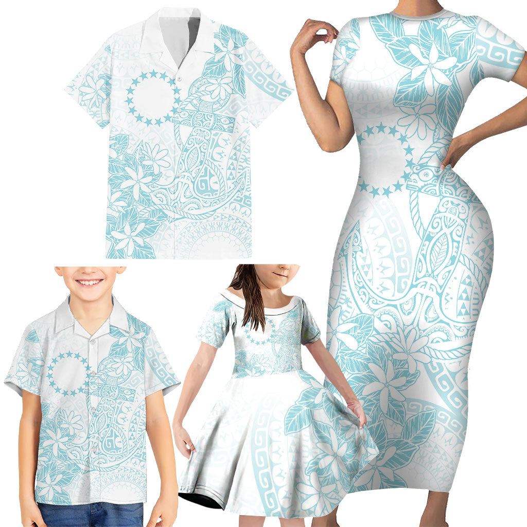 Turquoise Kuki Airani Tapakau Family Matching Short Sleeve Bodycon Dress and Hawaiian Shirt Tribal Anchor Mix Tiare LT7 - Polynesian Pride