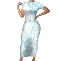 Turquoise Kuki Airani Tapakau Family Matching Short Sleeve Bodycon Dress and Hawaiian Shirt Tribal Anchor Mix Tiare LT7 Mom's Dress Turquoise - Polynesian Pride