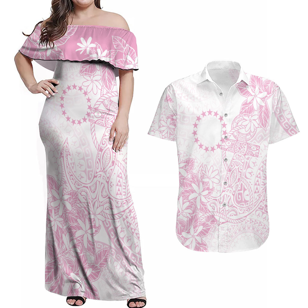 Candy Pink Kuki Airani Tapakau Couples Matching Off Shoulder Maxi Dress and Hawaiian Shirt Tribal Anchor Mix Tiare LT7 Candy Pink - Polynesian Pride