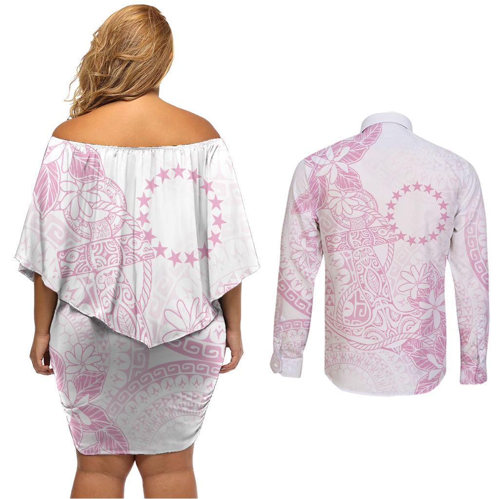 Candy Pink Kuki Airani Tapakau Couples Matching Off Shoulder Short Dress and Long Sleeve Button Shirt Tribal Anchor Mix Tiare