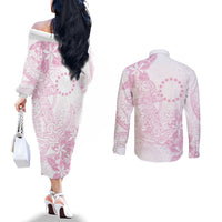 Candy Pink Kuki Airani Tapakau Couples Matching Off The Shoulder Long Sleeve Dress and Long Sleeve Button Shirt Tribal Anchor Mix Tiare LT7 - Polynesian Pride