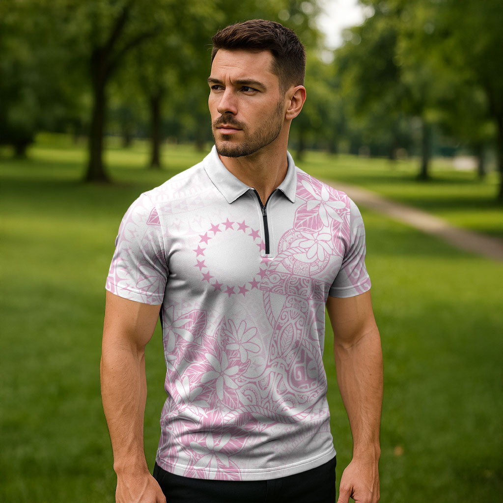 Candy Pink Kuki Airani Tapakau Zipper Polo Shirt Tribal Anchor Mix Tiare