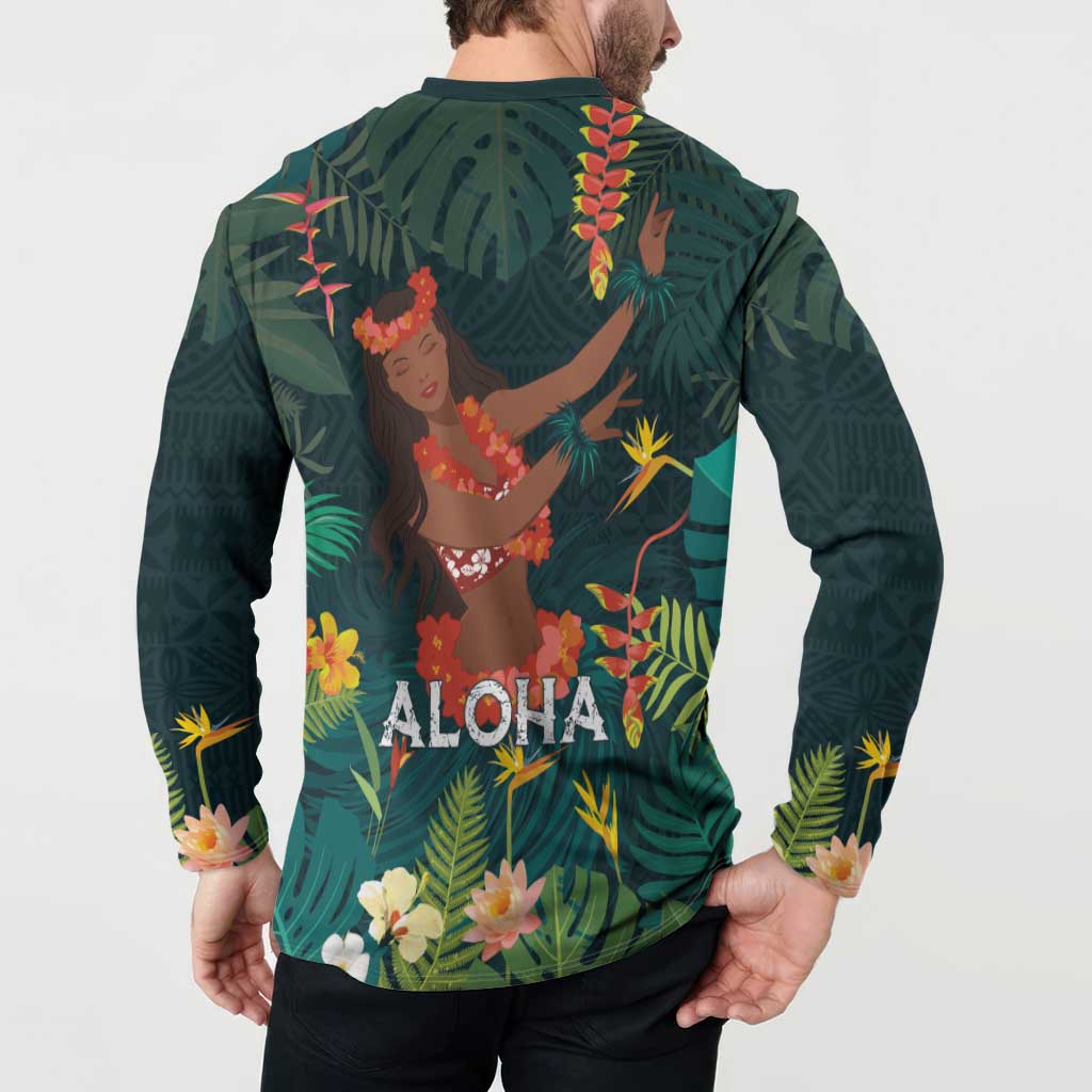 Hawaii Hula Girl Vintage Button Sweatshirt Tropical Forest
