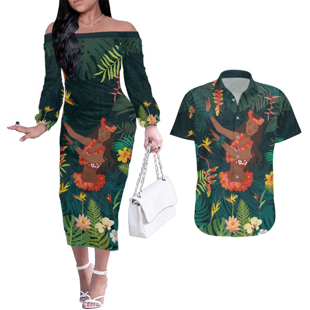 Hawaii Hula Girl Vintage Couples Matching Off The Shoulder Long Sleeve Dress and Hawaiian Shirt Tropical Forest LT7 Colorful - Polynesian Pride