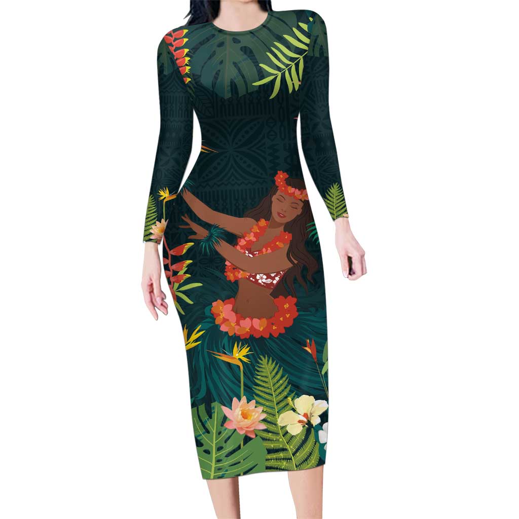 Hawaii Hula Girl Vintage Family Matching Long Sleeve Bodycon Dress and Hawaiian Shirt Tropical Forest LT7 Mom's Dress Colorful - Polynesian Pride