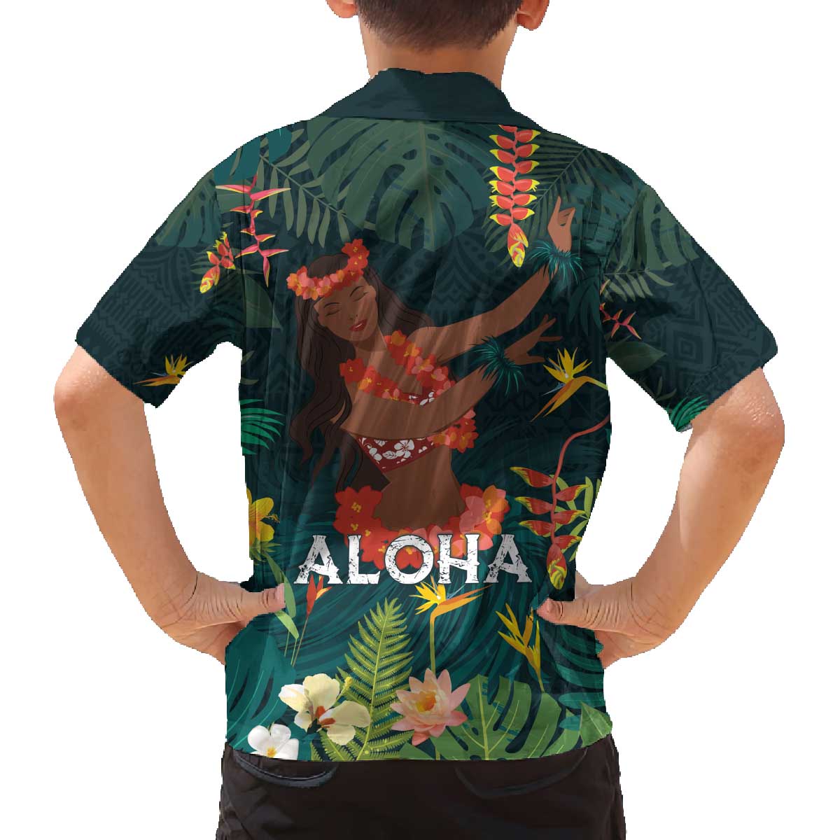 Hawaii Hula Girl Vintage Family Matching Off The Shoulder Long Sleeve Dress and Hawaiian Shirt Tropical Forest LT7 - Polynesian Pride