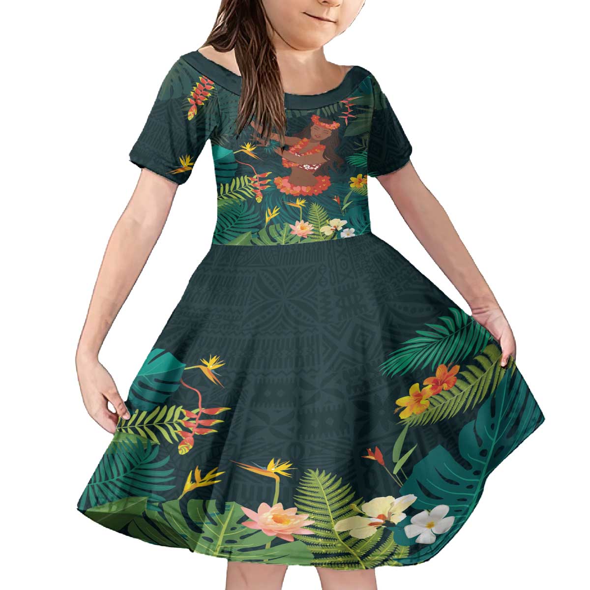 Hawaii Hula Girl Vintage Family Matching Off The Shoulder Long Sleeve Dress and Hawaiian Shirt Tropical Forest LT7 Daughter's Dress Colorful - Polynesian Pride