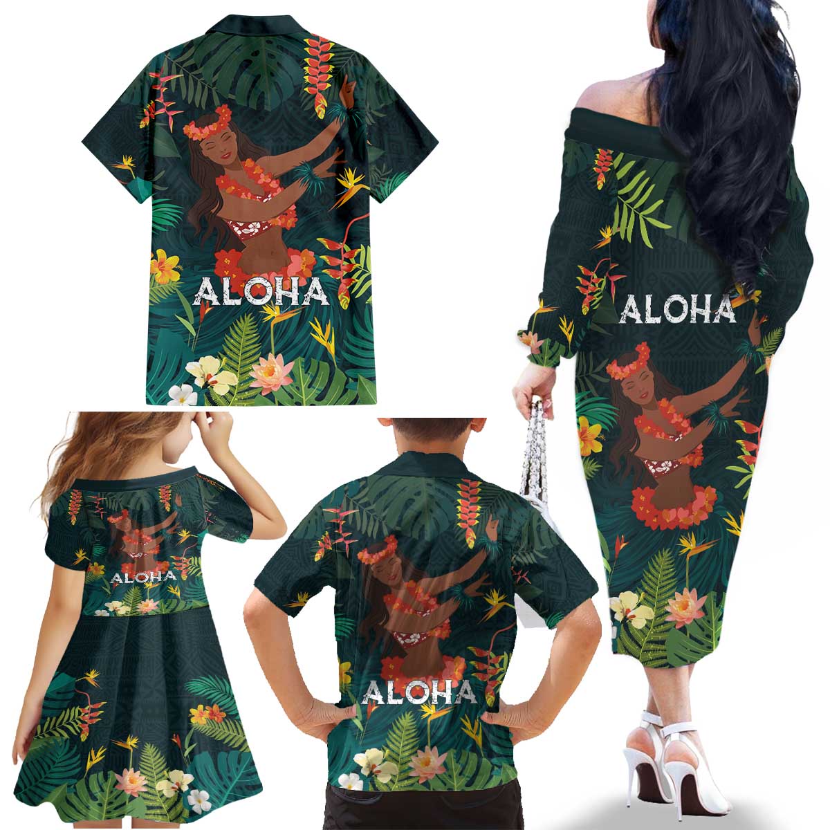 Hawaii Hula Girl Vintage Family Matching Off The Shoulder Long Sleeve Dress and Hawaiian Shirt Tropical Forest LT7 - Polynesian Pride