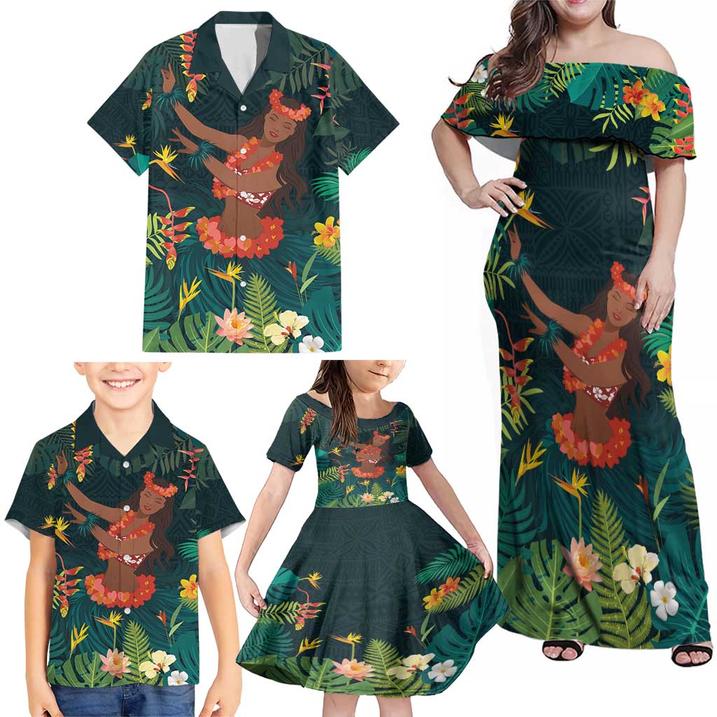Hawaii Hula Girl Vintage Family Matching Off Shoulder Maxi Dress and Hawaiian Shirt Tropical Forest LT7 - Polynesian Pride