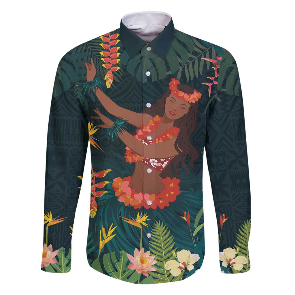 Hawaii Hula Girl Vintage Family Matching Off Shoulder Maxi Dress and Hawaiian Shirt Tropical Forest LT7 Dad's Shirt - Long Sleeve Colorful - Polynesian Pride