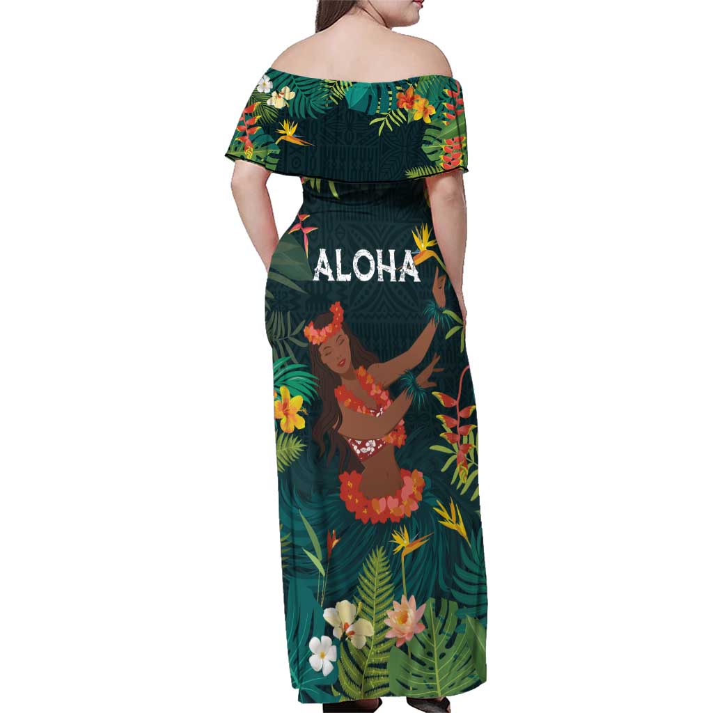 Hawaii Hula Girl Vintage Family Matching Off Shoulder Maxi Dress and Hawaiian Shirt Tropical Forest LT7 - Polynesian Pride