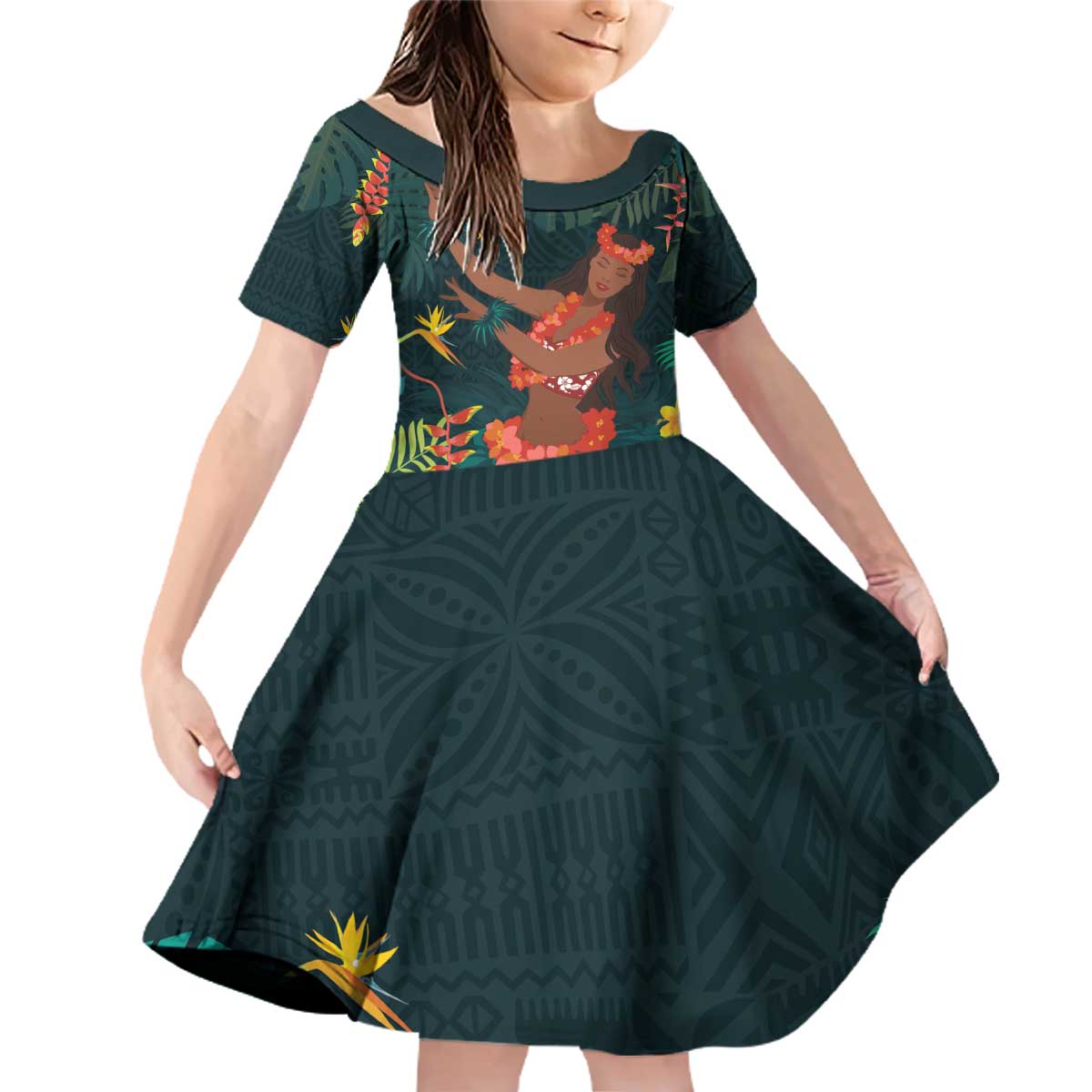 Hawaii Hula Girl Vintage Family Matching Off Shoulder Short Dress and Hawaiian Shirt Tropical Forest LT7 Daughter's Dress Colorful - Polynesian Pride