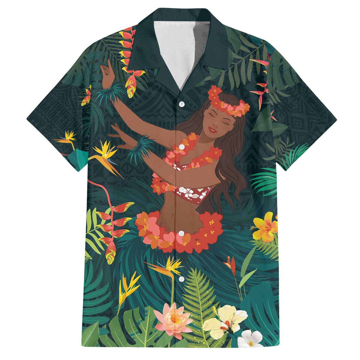 Hawaii Hula Girl Vintage Family Matching Off Shoulder Short Dress and Hawaiian Shirt Tropical Forest LT7 Dad's Shirt - Short Sleeve Colorful - Polynesian Pride