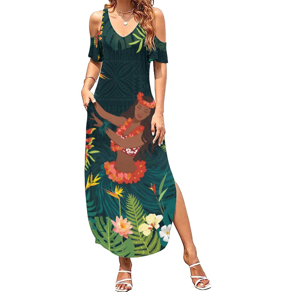 Hawaii Hula Girl Vintage Family Matching Summer Maxi Dress and Hawaiian Shirt Tropical Forest LT7 Mom's Dress Colorful - Polynesian Pride