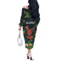 Hawaii Hula Girl Vintage Off The Shoulder Long Sleeve Dress Tropical Forest
