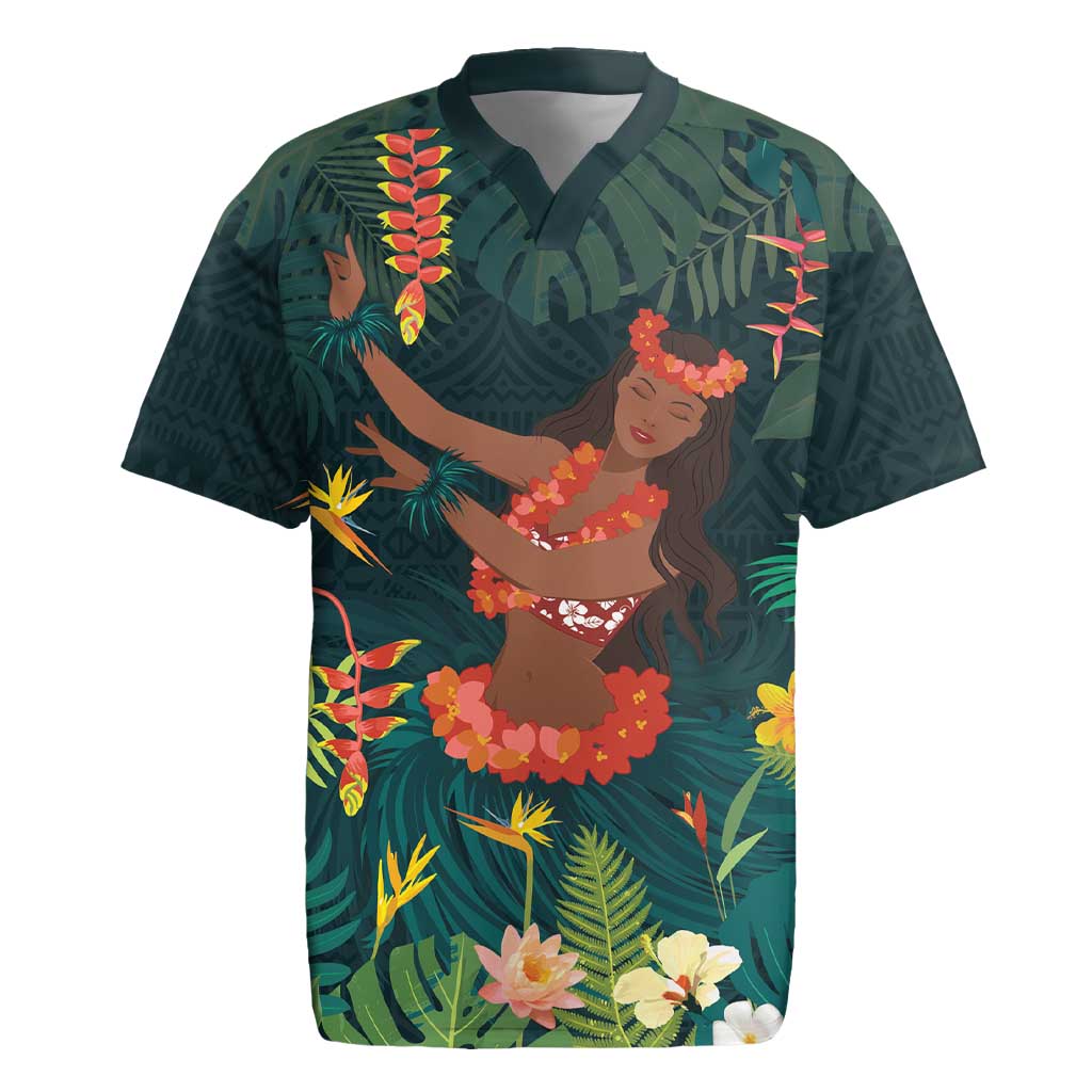 Hawaii Hula Girl Vintage Rugby Jersey Tropical Forest LT7 Colorful - Polynesian Pride
