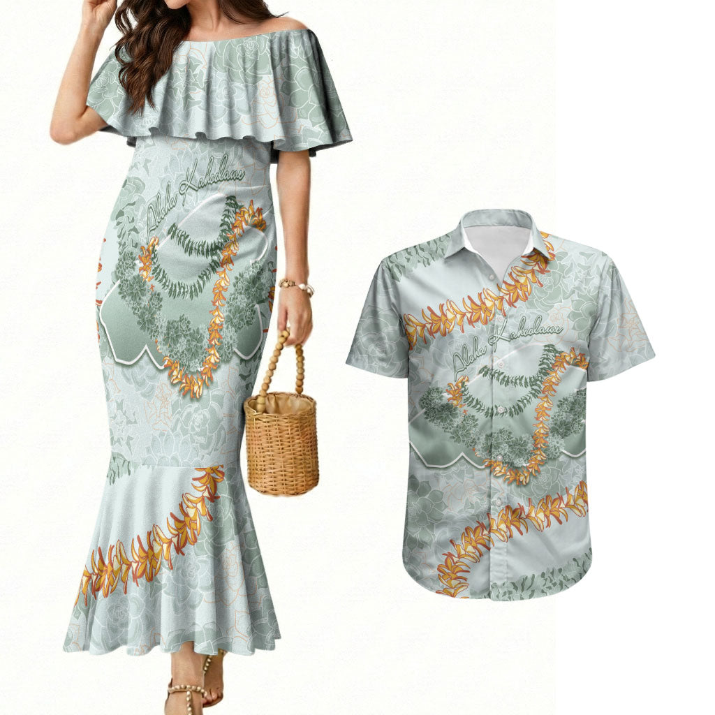 Hawaii Kaho'olawe Island Flowers Lei Couples Matching Mermaid Dress and Hawaiian Shirt Silver Hinahina Kū Kahakai