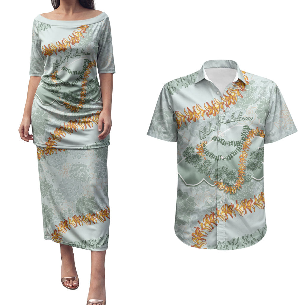 Hawaii Kaho'olawe Island Flowers Lei Couples Matching Puletasi and Hawaiian Shirt Silver Hinahina Kū Kahakai