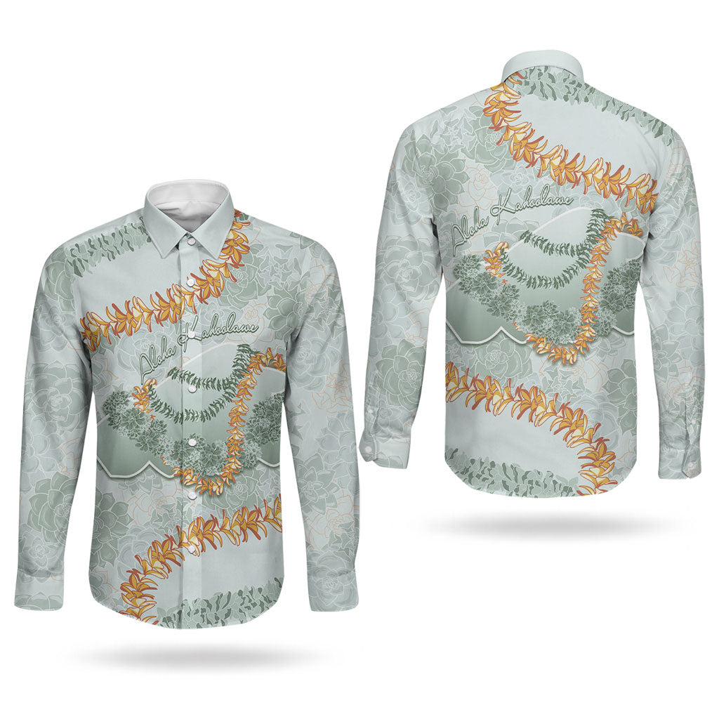Hawaii Kaho'olawe Island Flowers Lei Couples Matching Puletasi and Long Sleeve Button Shirt Silver Hinahina Kū Kahakai