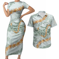 Hawaii Kaho'olawe Island Flowers Lei Couples Matching Short Sleeve Bodycon Dress and Hawaiian Shirt Silver Hinahina Kū Kahakai