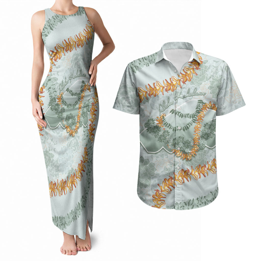 Hawaii Kaho'olawe Island Flowers Lei Couples Matching Tank Maxi Dress and Hawaiian Shirt Silver Hinahina Kū Kahakai LT7 Silver - Polynesian Pride