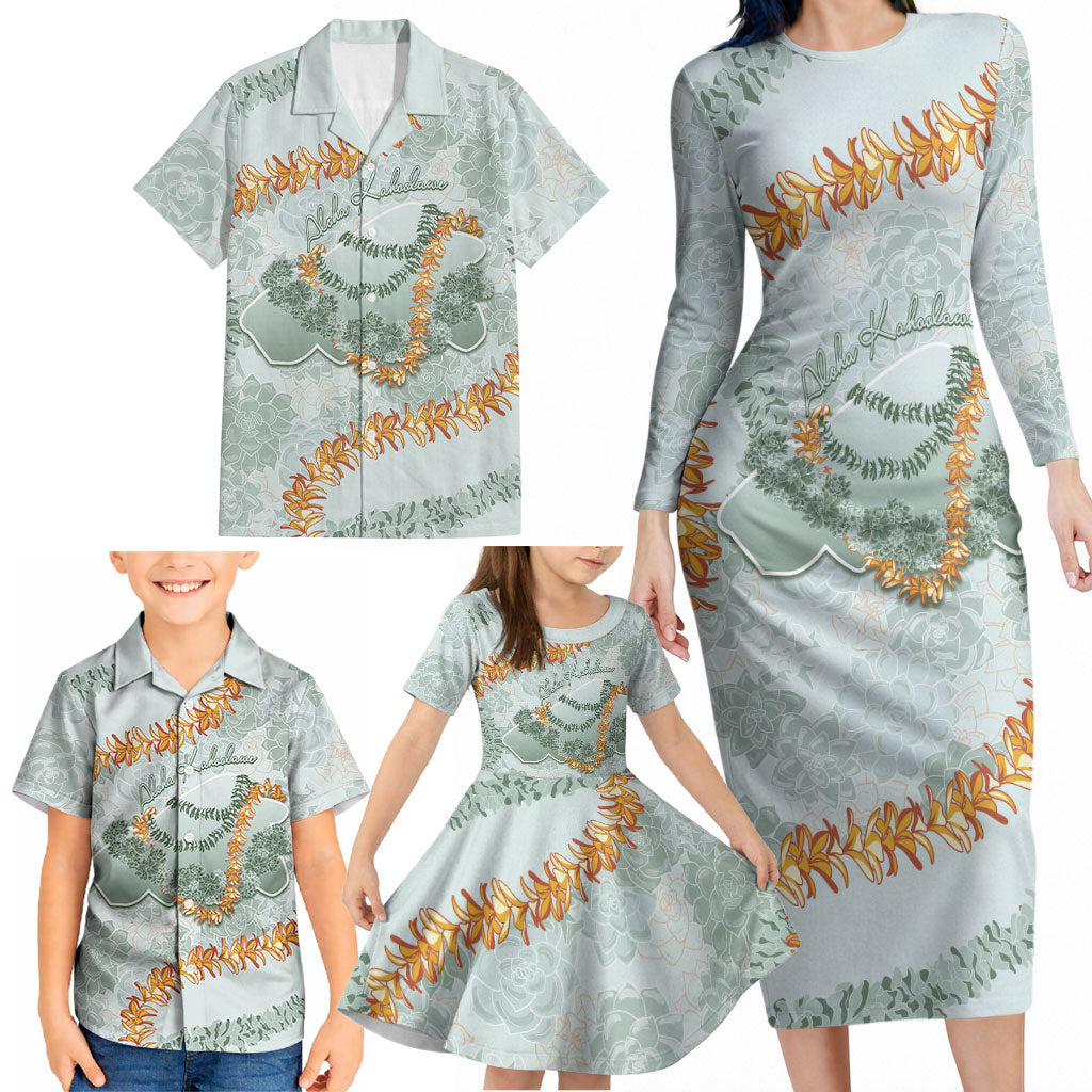 Hawaii Kaho'olawe Island Flowers Lei Family Matching Long Sleeve Bodycon Dress and Hawaiian Shirt Silver Hinahina Kū Kahakai LT7 - Polynesian Pride