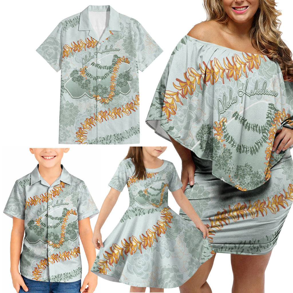 Hawaii Kaho'olawe Island Flowers Lei Family Matching Off Shoulder Short Dress and Hawaiian Shirt Silver Hinahina Kū Kahakai