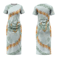 Hawaii Kaho'olawe Island Flowers Lei Family Matching Short Sleeve Bodycon Dress and Hawaiian Shirt Silver Hinahina Kū Kahakai