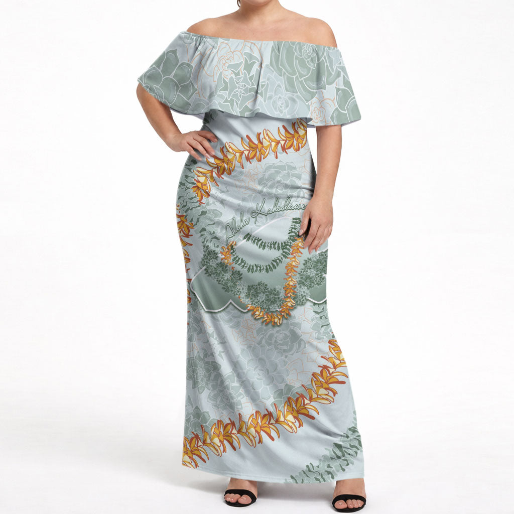 Hawaii Kaho'olawe Island Flowers Lei Off Shoulder Maxi Dress Silver Hinahina Kū Kahakai