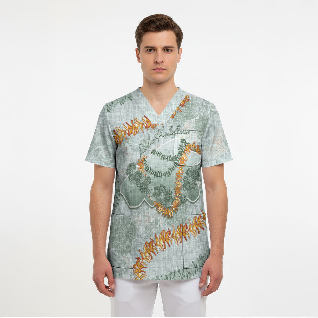 Hawaii Kaho'olawe Island Flowers Lei Scrub Top Silver Hinahina Kū Kahakai