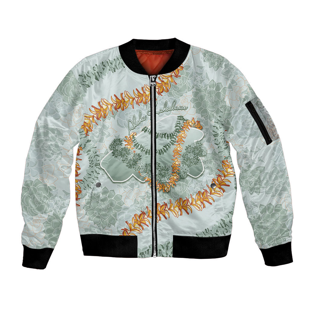 Hawaii Kaho'olawe Island Flowers Lei Sleeve Zip Bomber Jacket Silver Hinahina Kū Kahakai LT7 Unisex Silver - Polynesian Pride