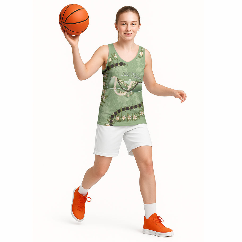 Hawaii Molokai Island Flowers Lei Basketball Jersey Kukui Nut Mossy Green