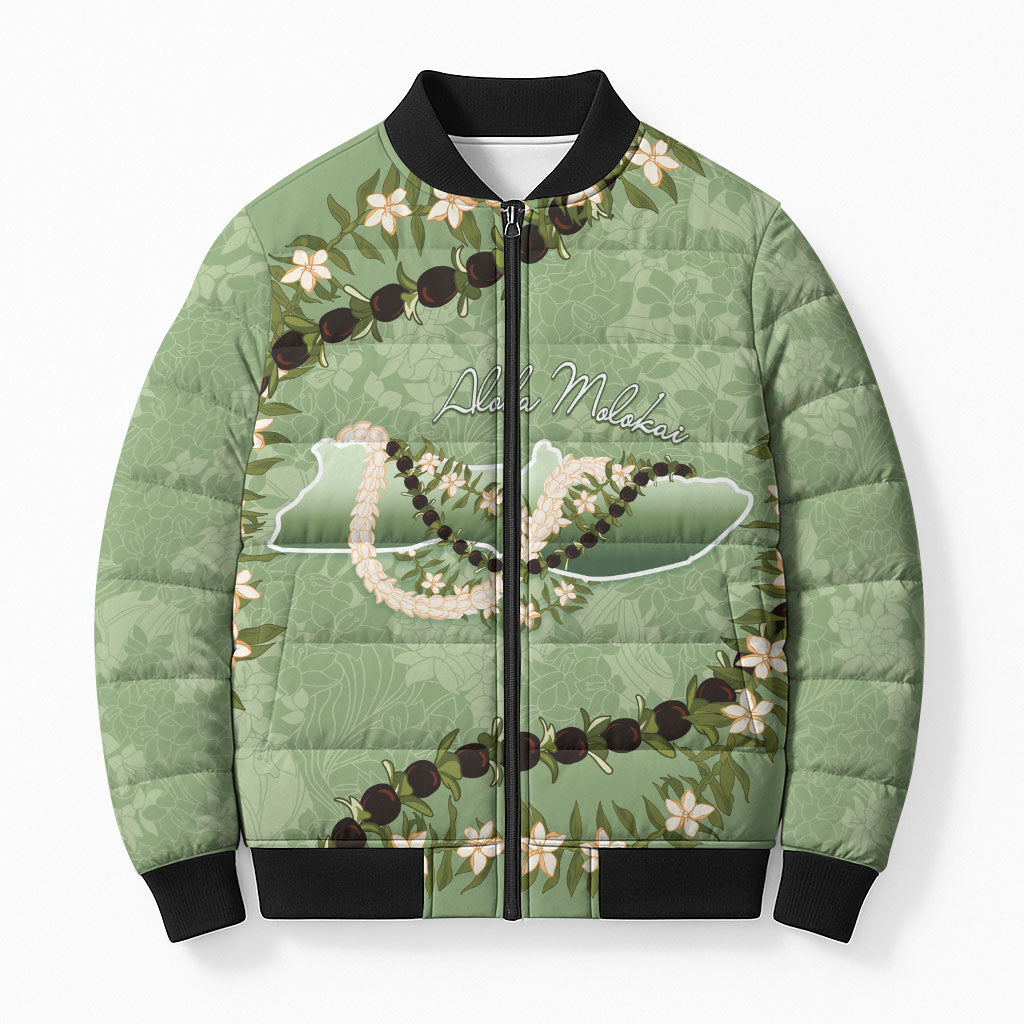 Hawaii Molokai Island Flowers Lei Bomber Puffer Jacket Kukui Nut Mossy Green LT7 Unisex Moss Green - Polynesian Pride