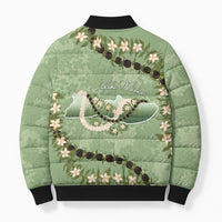 Hawaii Molokai Island Flowers Lei Bomber Puffer Jacket Kukui Nut Mossy Green