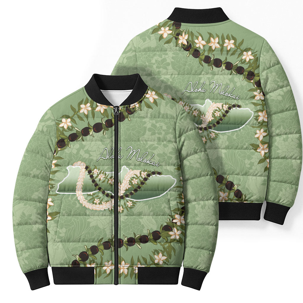 Hawaii Molokai Island Flowers Lei Bomber Puffer Jacket Kukui Nut Mossy Green