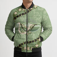 Hawaii Molokai Island Flowers Lei Bomber Puffer Jacket Kukui Nut Mossy Green