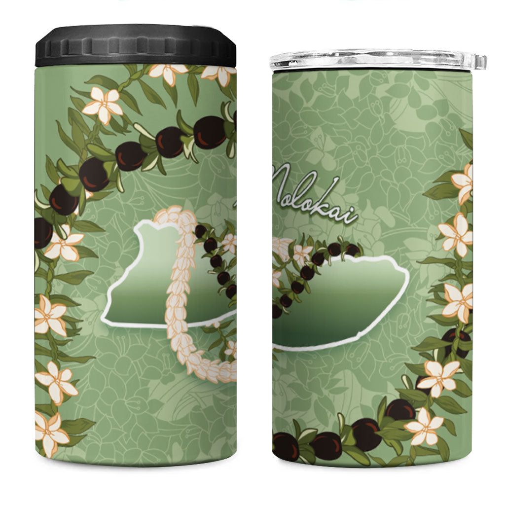 Hawaii Molokai Island Flowers Lei 4 in 1 Can Cooler Tumbler Kukui Nut Mossy Green