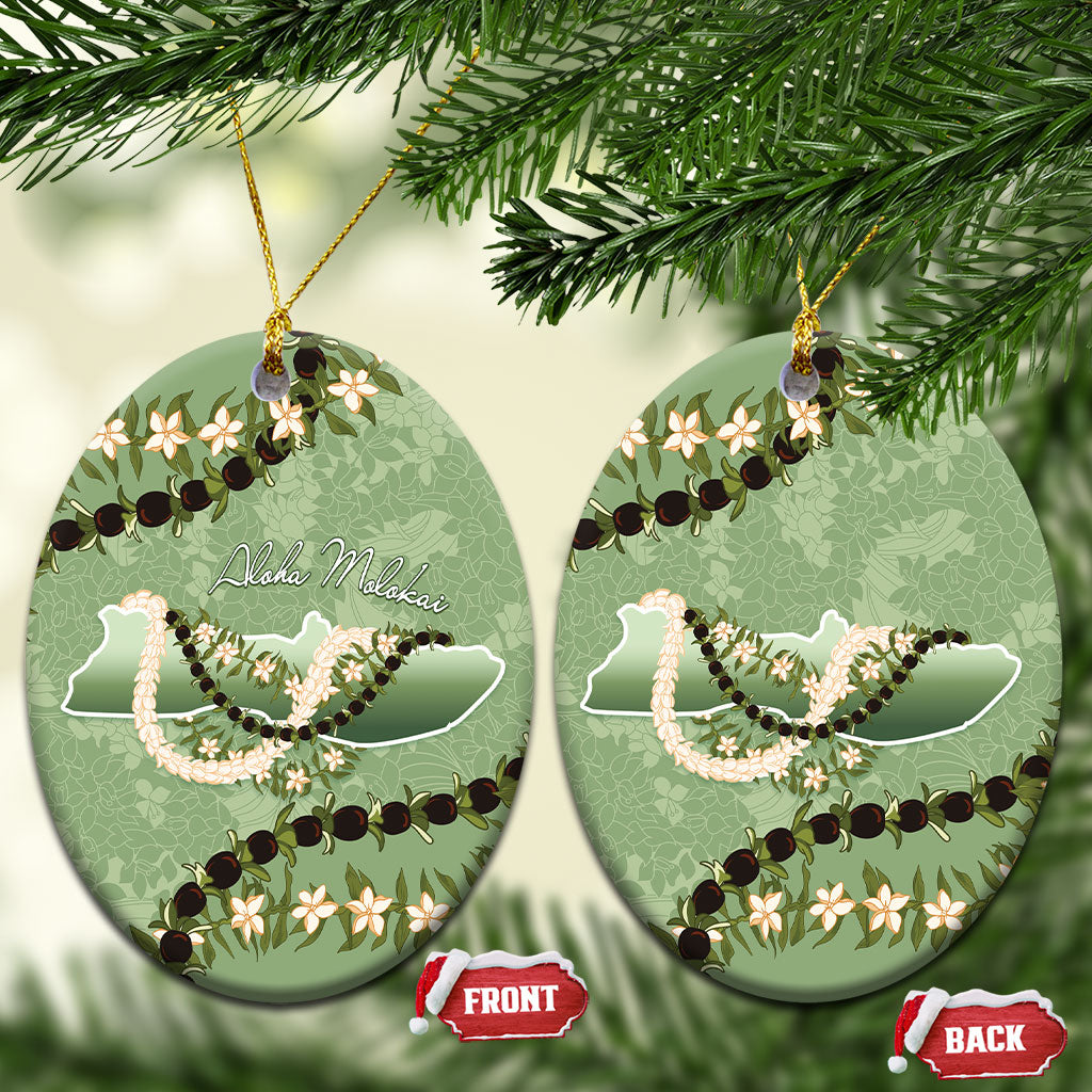 Hawaii Molokai Island Flowers Lei Ceramic Ornament Kukui Nut Mossy Green LT7 Oval Moss Green - Polynesian Pride