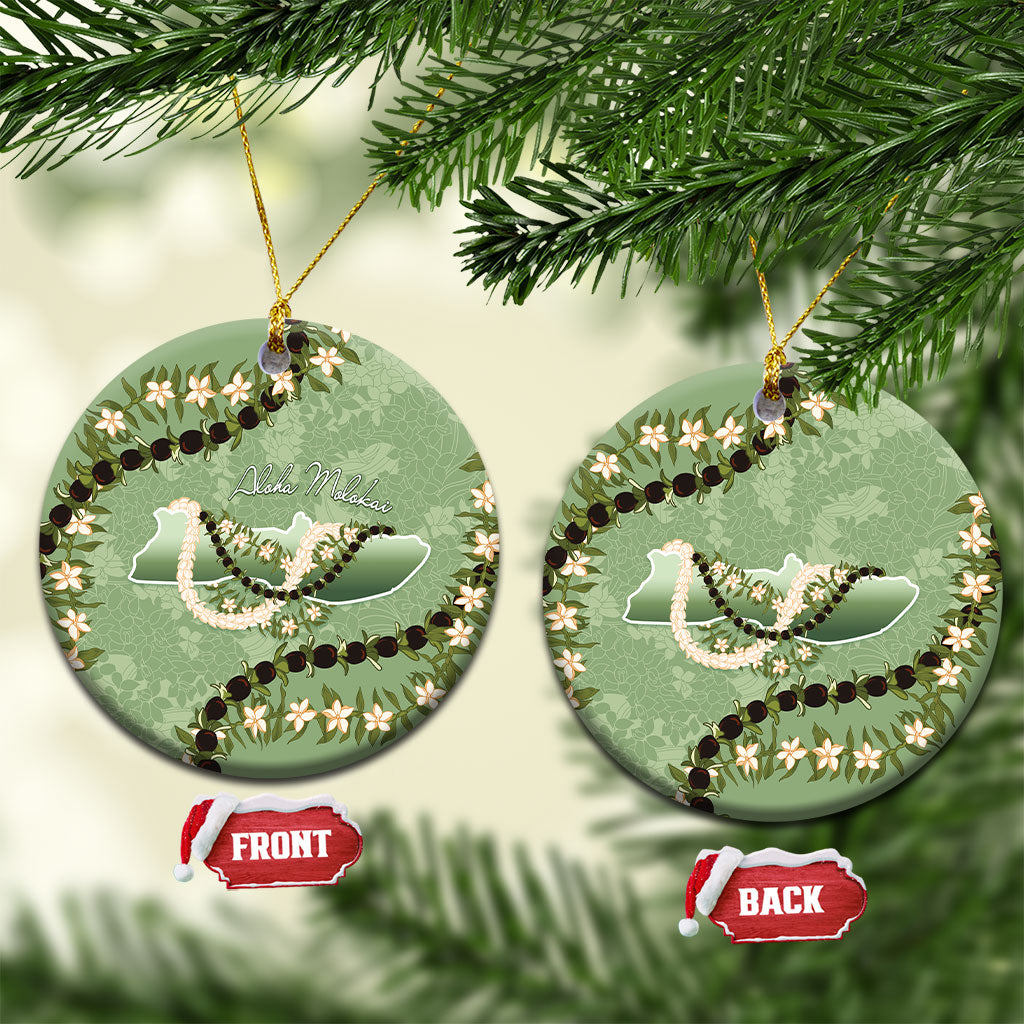 Hawaii Molokai Island Flowers Lei Ceramic Ornament Kukui Nut Mossy Green