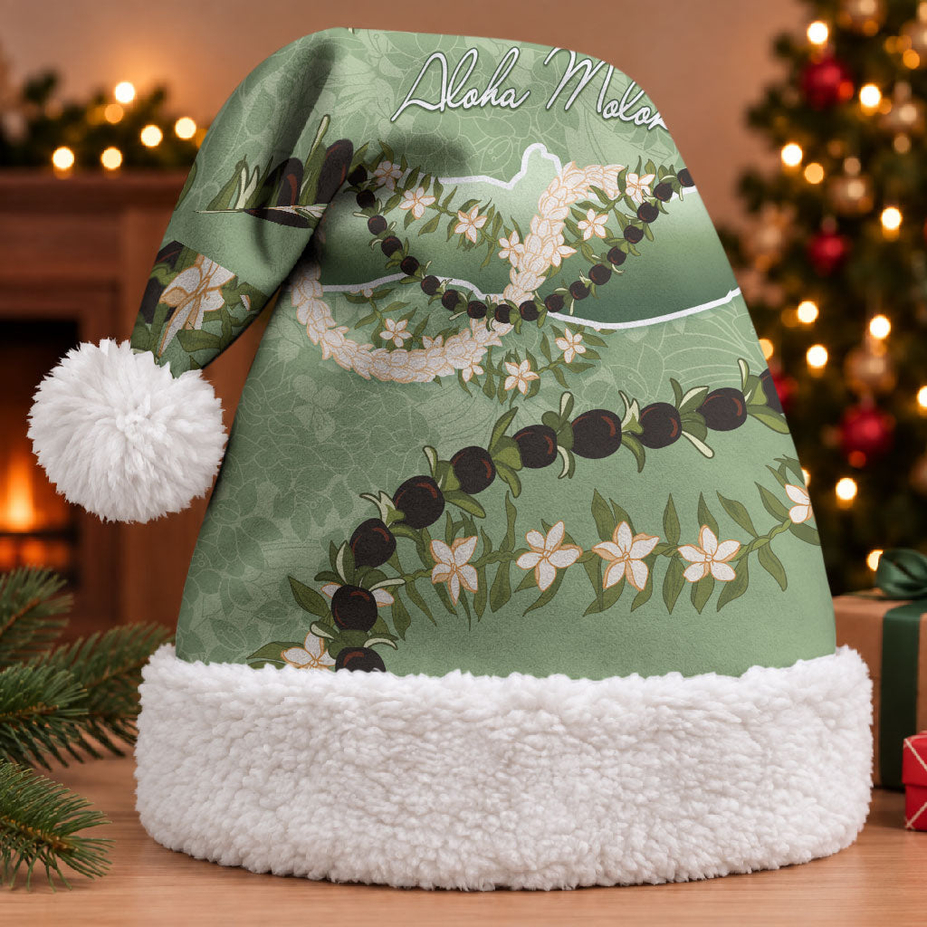 Hawaii Molokai Island Flowers Lei Christmas Santa Hat Kukui Nut Mossy Green LT7 With Fur Moss Green - Polynesian Pride
