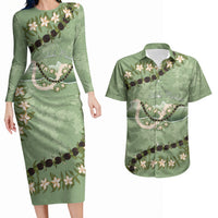Hawaii Molokai Island Flowers Lei Couples Matching Long Sleeve Bodycon Dress and Hawaiian Shirt Kukui Nut Mossy Green