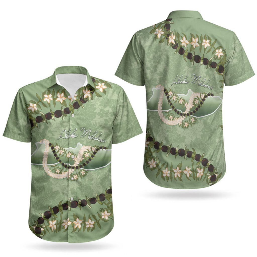 Hawaii Molokai Island Flowers Lei Couples Matching Long Sleeve Bodycon Dress and Hawaiian Shirt Kukui Nut Mossy Green