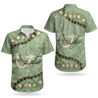 Hawaii Molokai Island Flowers Lei Couples Matching Long Sleeve Bodycon Dress and Hawaiian Shirt Kukui Nut Mossy Green