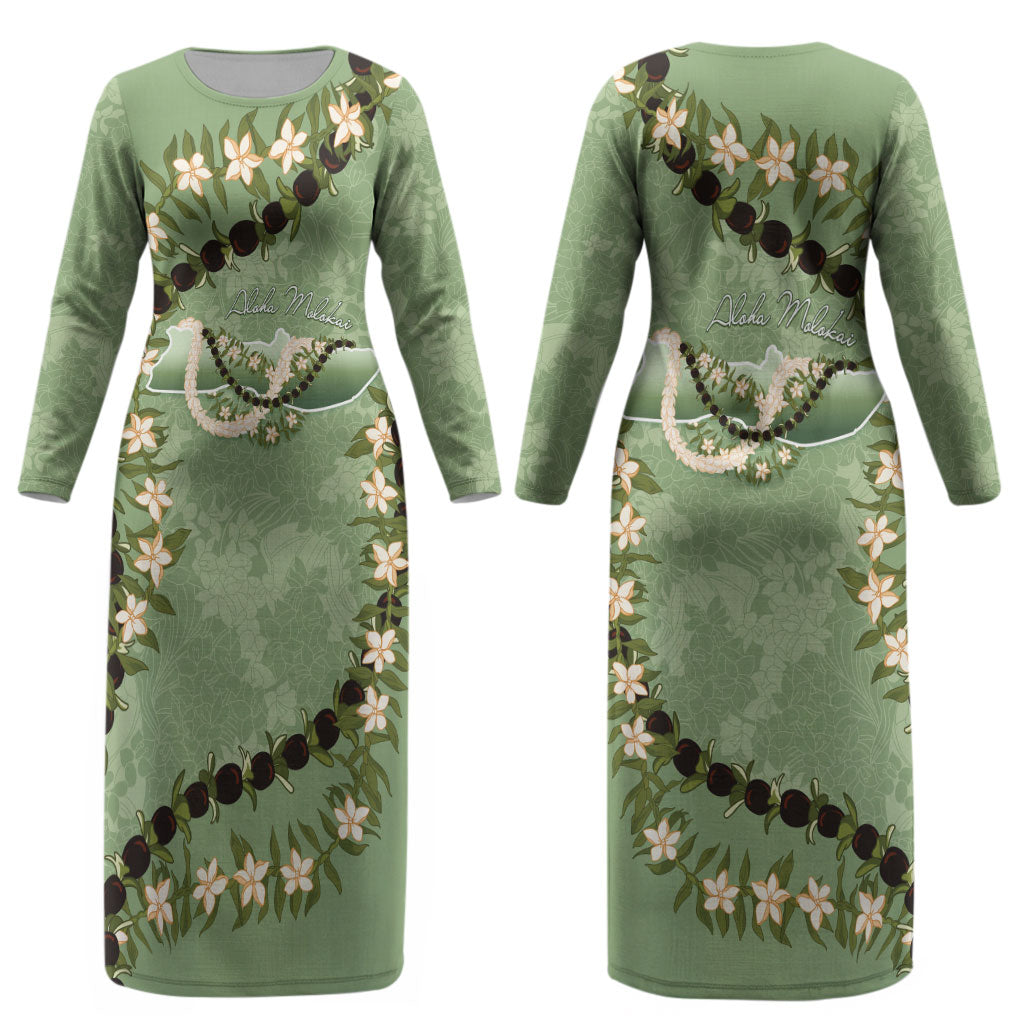 Hawaii Molokai Island Flowers Lei Couples Matching Long Sleeve Bodycon Dress and Hawaiian Shirt Kukui Nut Mossy Green