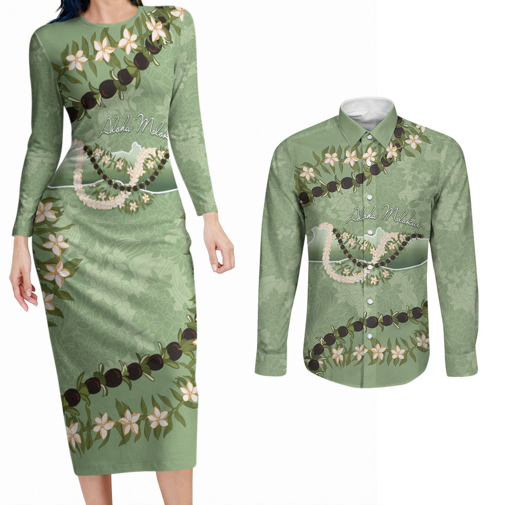 Hawaii Molokai Island Flowers Lei Couples Matching Long Sleeve Bodycon Dress and Long Sleeve Button Shirt Kukui Nut Mossy Green