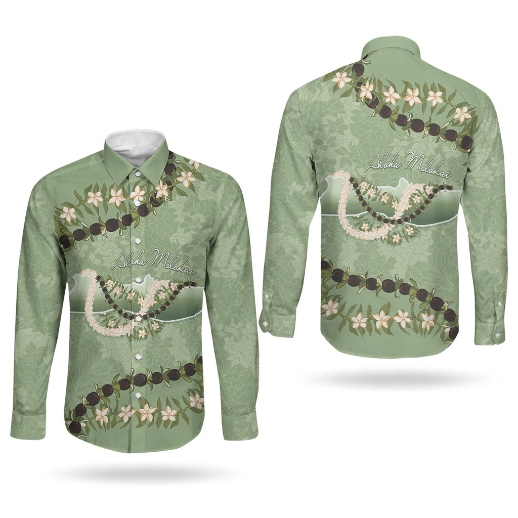Hawaii Molokai Island Flowers Lei Couples Matching Long Sleeve Bodycon Dress and Long Sleeve Button Shirt Kukui Nut Mossy Green