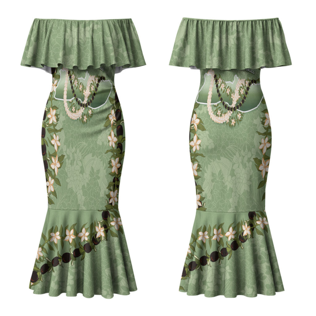 Hawaii Molokai Island Flowers Lei Couples Matching Mermaid Dress and Long Sleeve Button Shirt Kukui Nut Mossy Green